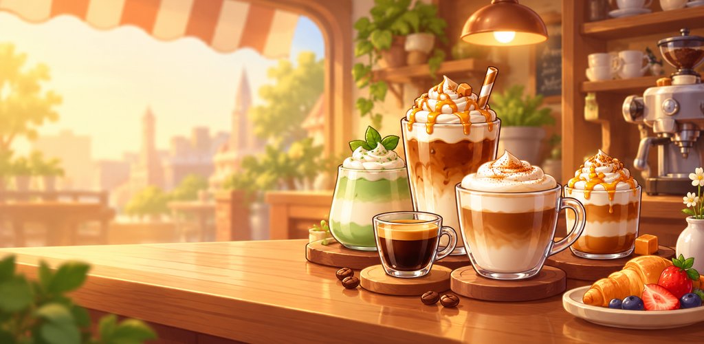 Café Sort: copos com camadas de café e o carrinho de café